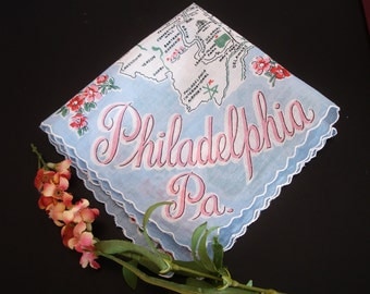 Ladies Hankie, Ladies Vintage Accessory, Souvenir hankie, Philadelphia, PA, Philadelphia souvenir, 1950s ladies handkerchief, 1950s
