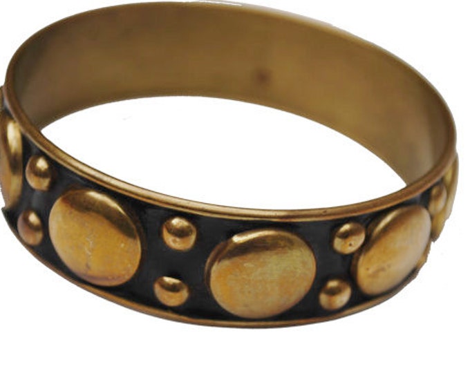 Boho Brass bangle - Gold Polka dot - black Enameling bracelet