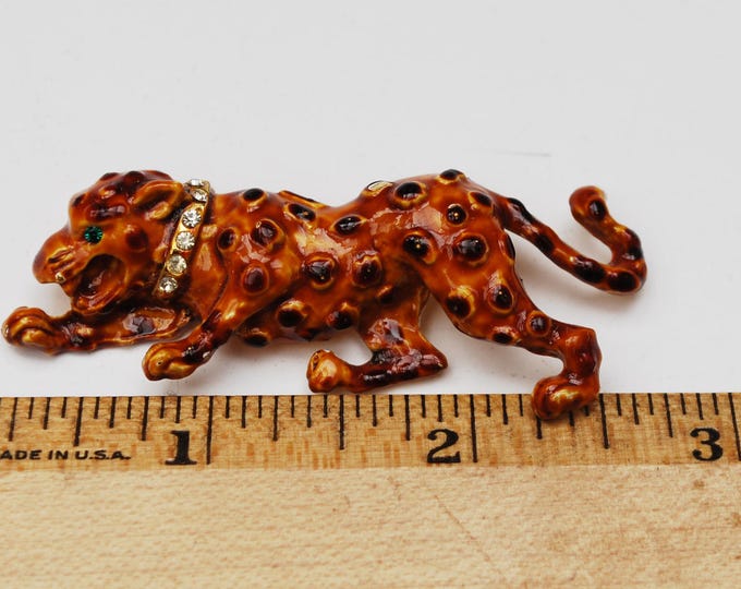 Leopard Brooch - Spotted Lion - Enamel rhinestone - brown - Wild cat - Figurine pin