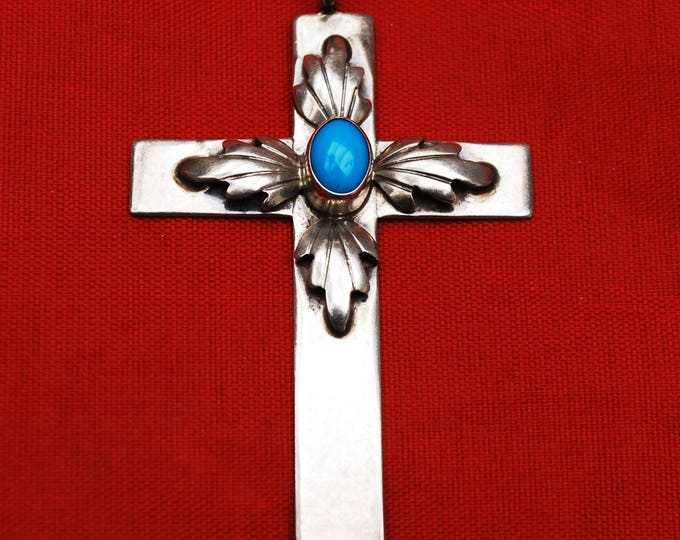 Sterling Turquoise Cross Pendant - Native American - Navajo - Silver Southwestern - Signed BJ