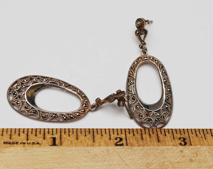 Sterling Marcasite dangle earrings - Silver filigree oval - pierced drop earrings - Victorian revival - gift for her