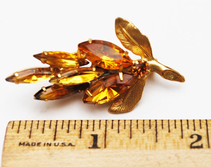 Rhinestone leaf Brooch - Amber Orange Class Rhinestone - mid century - Floral flower pin