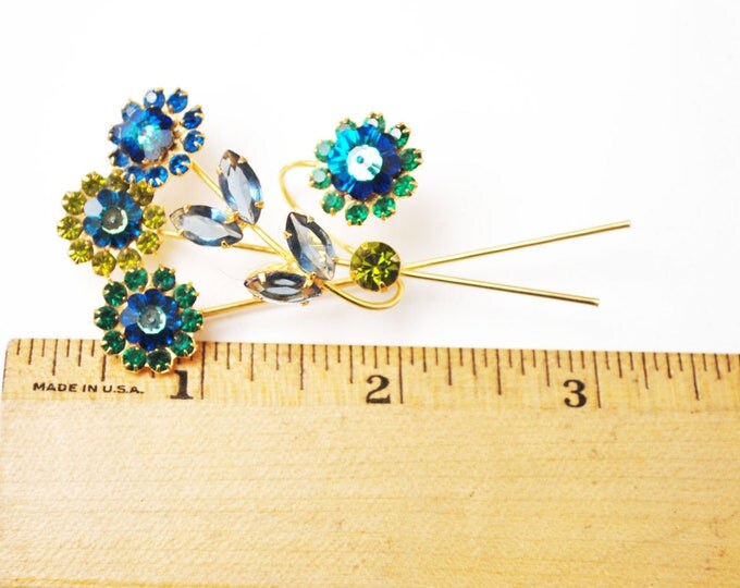 Rhinestone Flower Brooch - Blue Green Crystal - Floral Spray pin -Vintage rhinestone pin