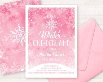 Pink Winter Onederland Invitation, First Birthday Invitations, Printable Invitation, Girl Invitation, Watercolor Pink Snowflake Invitation