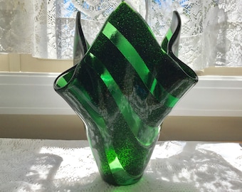 Fused Glass Vase, Green Art Glass Sculpture, Kiln Formed Aventurine Green Glass Vase