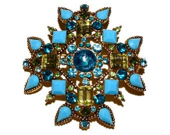 Vintage Turquoise Brooch, Rhinestone Brooch