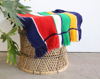 Vintage Handmade Crochet Primary Colors Afghan/Throw/Blanket With Fringe
