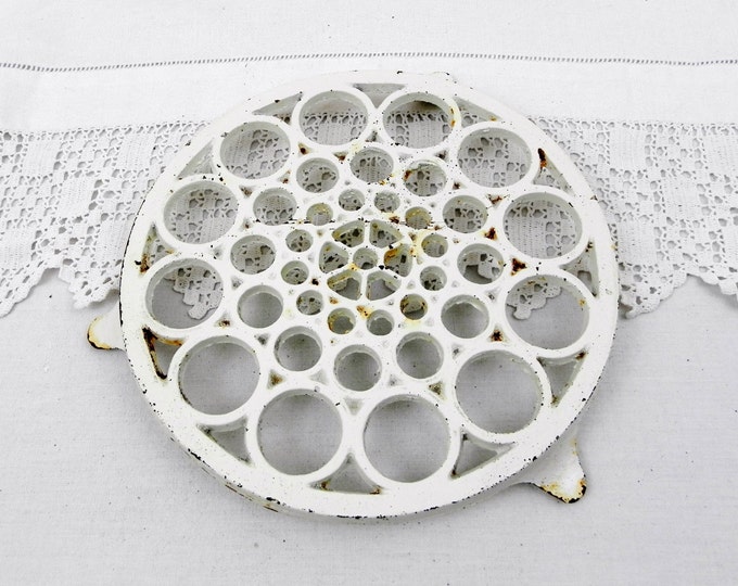 Large Round Antique French Cast Iron White Chippy Enamel Trivet, Hot Plate, Heat Mat, Cottage Kitchen, French Country, Kitchenware, Shabby
