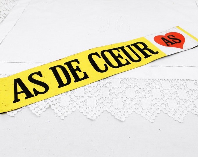 Vintage French "As de Coeur" Ace of Hearts Yellow & Black Painted Embossed Metal Sign, Man Cave, Decor, Retro, Home, Interior, Wall Hanging