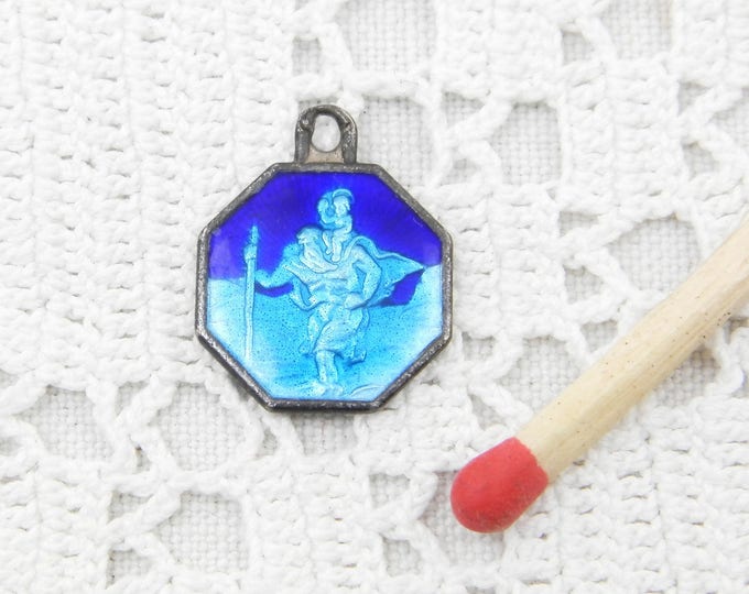 Small Vintage French Coin Silver Religious Medal of Saint Christopher with Blue Enamel, St Christopher, Traveller, Catholic, Good Luck Charm