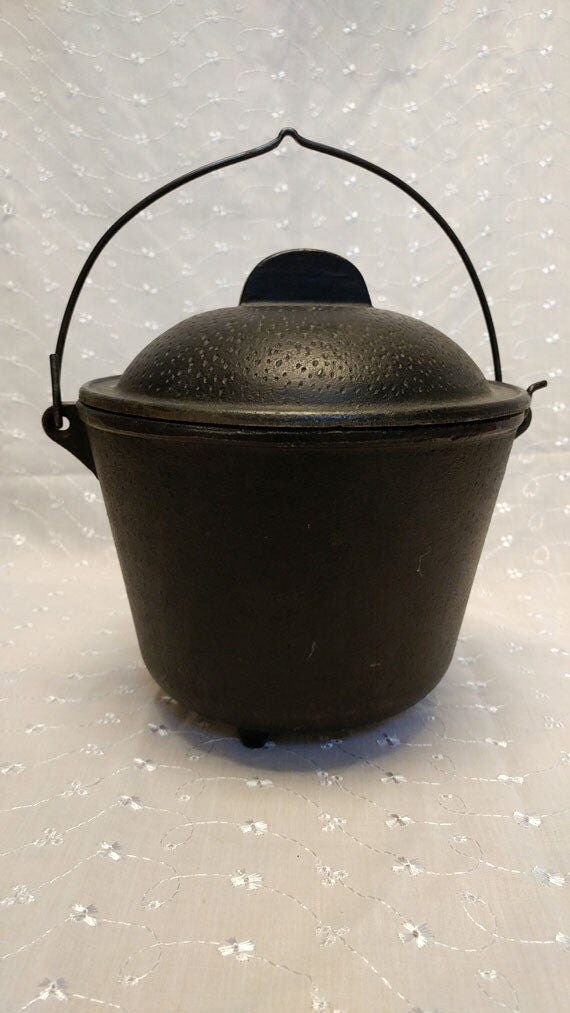 Unmarked Cast Iron Pot with Dimpled Lid Three Footed Bean