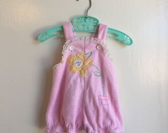 VTG Baby Girl Romper Pink Terry Cloth Sun Suit Sz 3M Flower