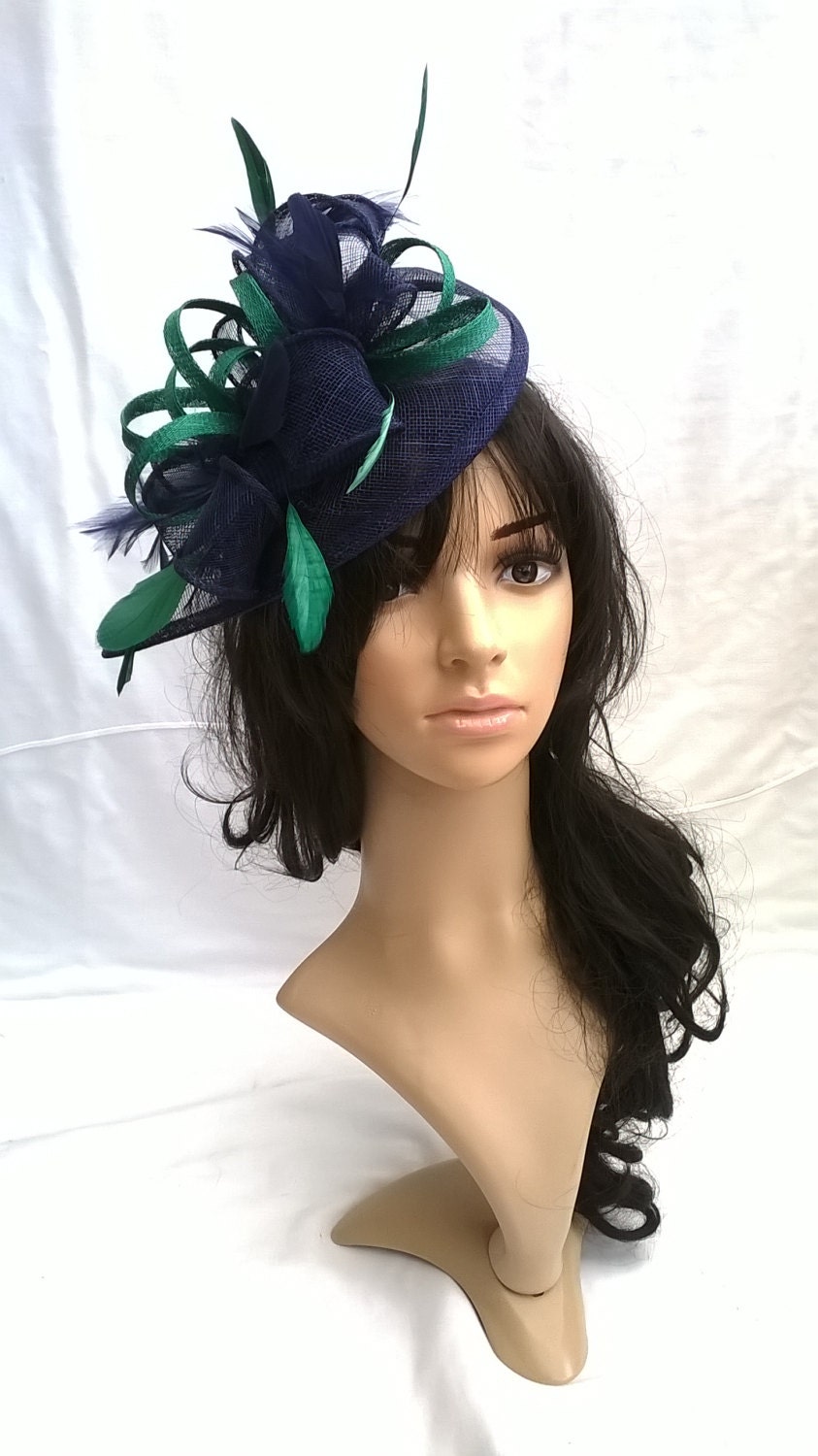 Navy Blue Fascinator with Emerald green Trim & feathers