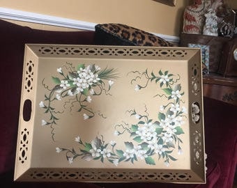 French Country Shabby Chic Romantic Cottage Tole Farmhouse Dogwood flower Tray