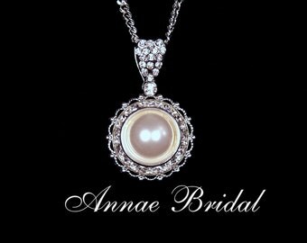 Bridal jewelry, wedding, White pearl and rhinestone pendant necklace, Swarovski, silver "Pearl Radiance" necklace