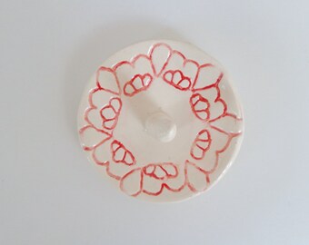Mothers day Red rustic vintage lace textured ceramic trinket dish, boho romantic ring holder jewelry catcher, pottery ring bearer