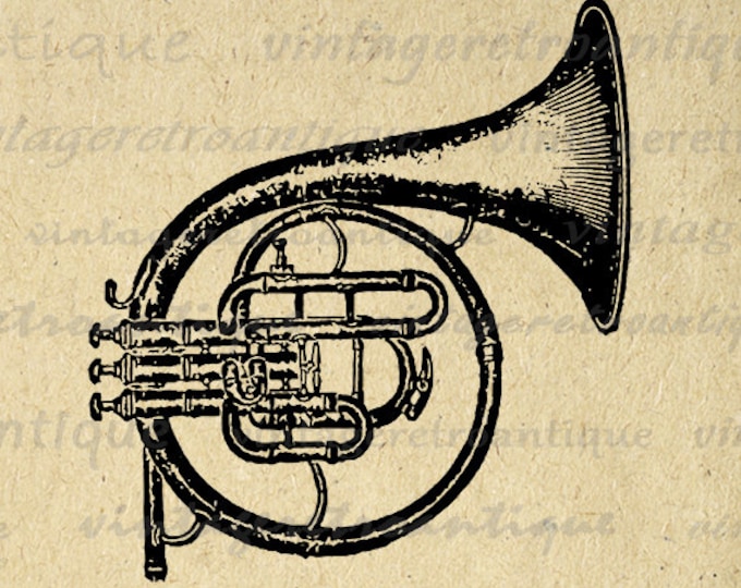 Printable Digital French Horn Graphic Music Instrument Image Download Vintage Clip Art for Transfers etc HQ 300dpi No.1194