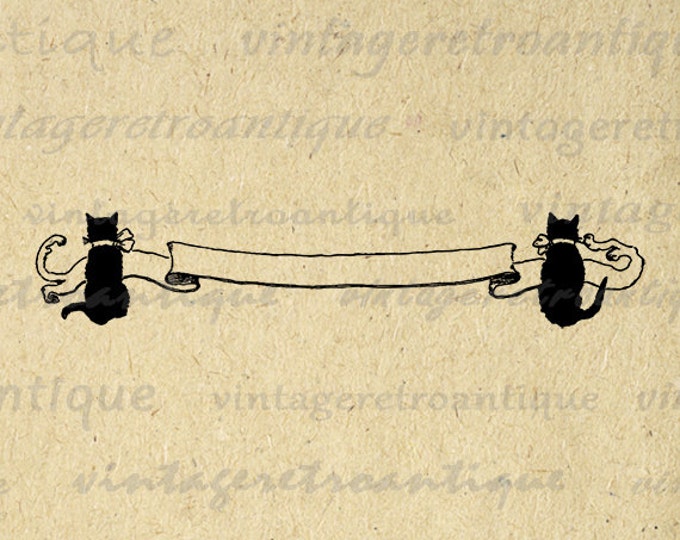 Printable Graphic Cat Scroll Banner Download Kitten Paper Banner Image Digital Vintage Clip Art Jpg Png Eps HQ 300dpi No.3522