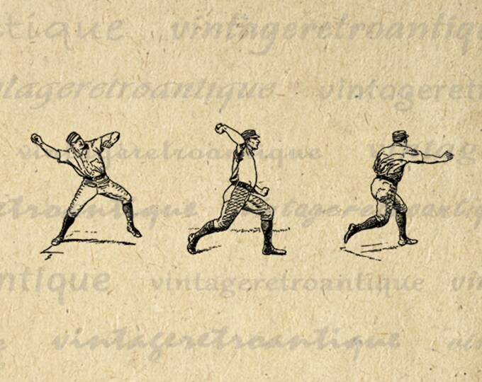 Digital Image Baseball Players Graphic Download Sports Printable Vintage Clip Art Jpg Png Eps HQ 300dpi No.3601