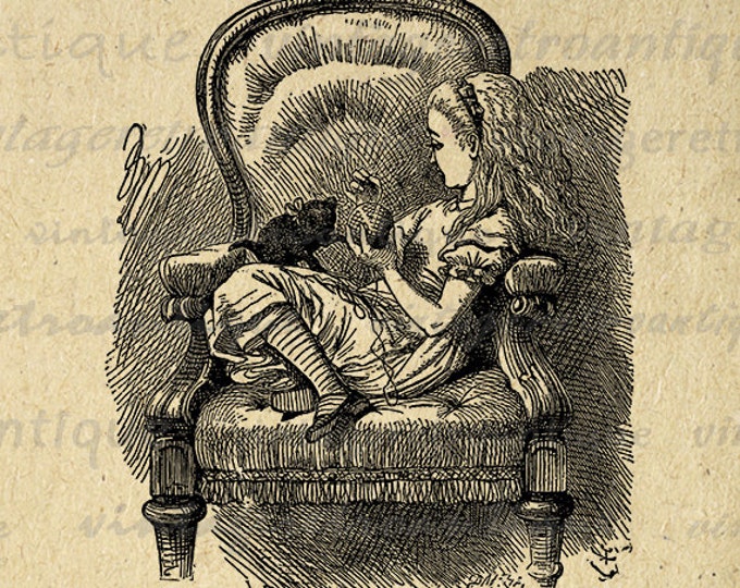 Digital Printable Alice and Kitten in Chair Graphic Alice in Wonderland Download Cat Image Jpg Png Eps HQ 300dpi No.214