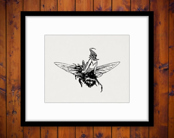 Elf Riding Bumblebee Graphic Printable Download Fairy Bee Digital Image Vintage Clip Art Jpg Png Eps HQ 300dpi No.1745