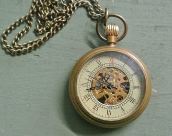 Mechanical Pocket Watch on Necklace, Brass Chain, Winding Watch, Steampunk,Great Gift,Great Quality Time piece, Unisex, No Battery Needed!