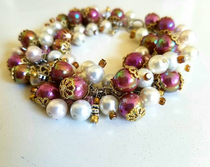 Pink Gold White Beaded Cluster Chain Dangle Toggle Bracelet