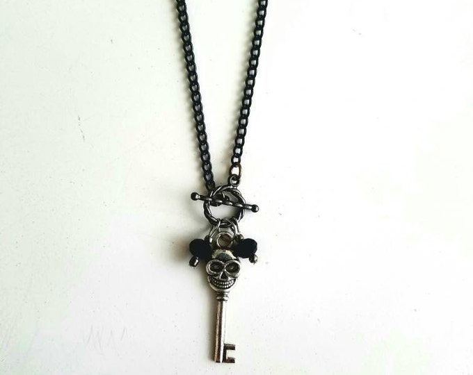 Black Chain Black Beaded Skull Toggle Necklace
