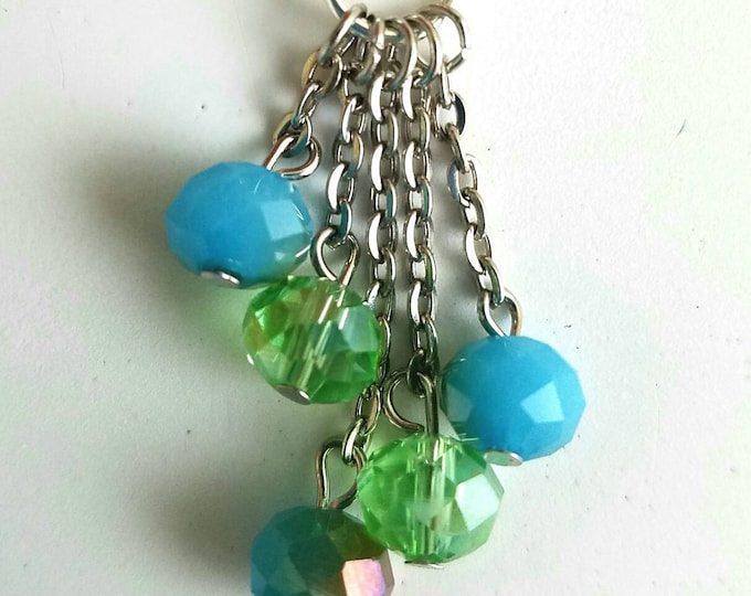 Blue Teal Silver Light Green Glass Beaded Chain Dangle Earrings