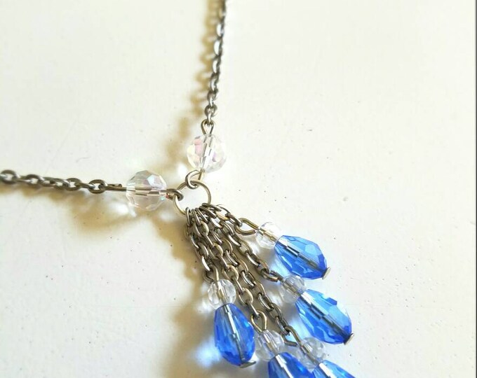 Blue White Clear Crystal Beaded Chain Dangle Rain Drop Necklace