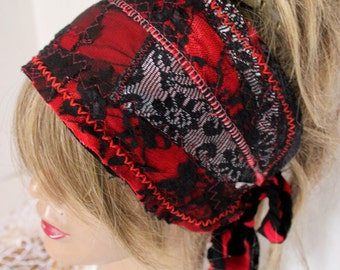 Black Headband, Lace Dreadband, Red Dreadband, Red Black Headband, Dread Wrap, Galaxy Dress, Festival headband, Black Red Hippie, Boho head