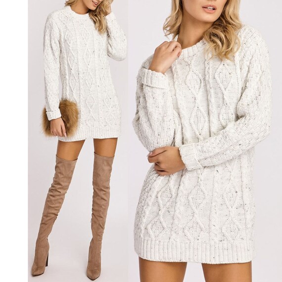 New Ladies Womens Crew Neck Cable Knit Mini Jumper Dress long
