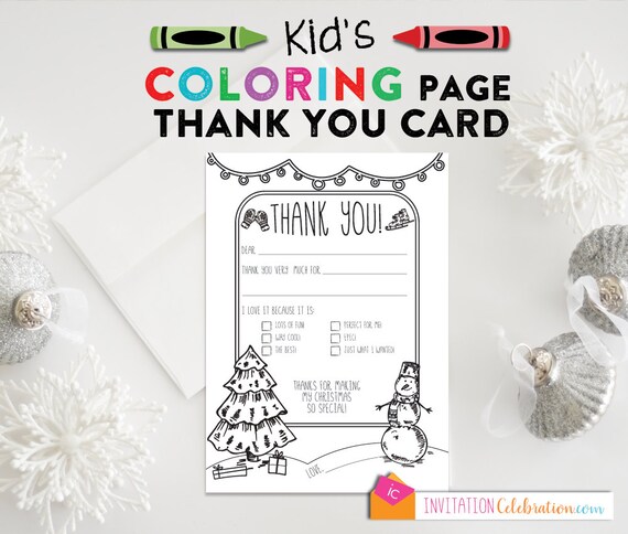 Kids Christmas Thank You Post Card Coloring Page PRINTABLE