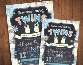 Penguin Twins Baby Shower Invitation. Winter baby. Digital Printable card