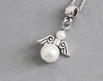 Angel Necklace White Pearl Necklace Angel Jewelry Cute Angel Jewelry Swarovski Pearl Necklace Pearl Angel Pendant Birthday Gift White Angel