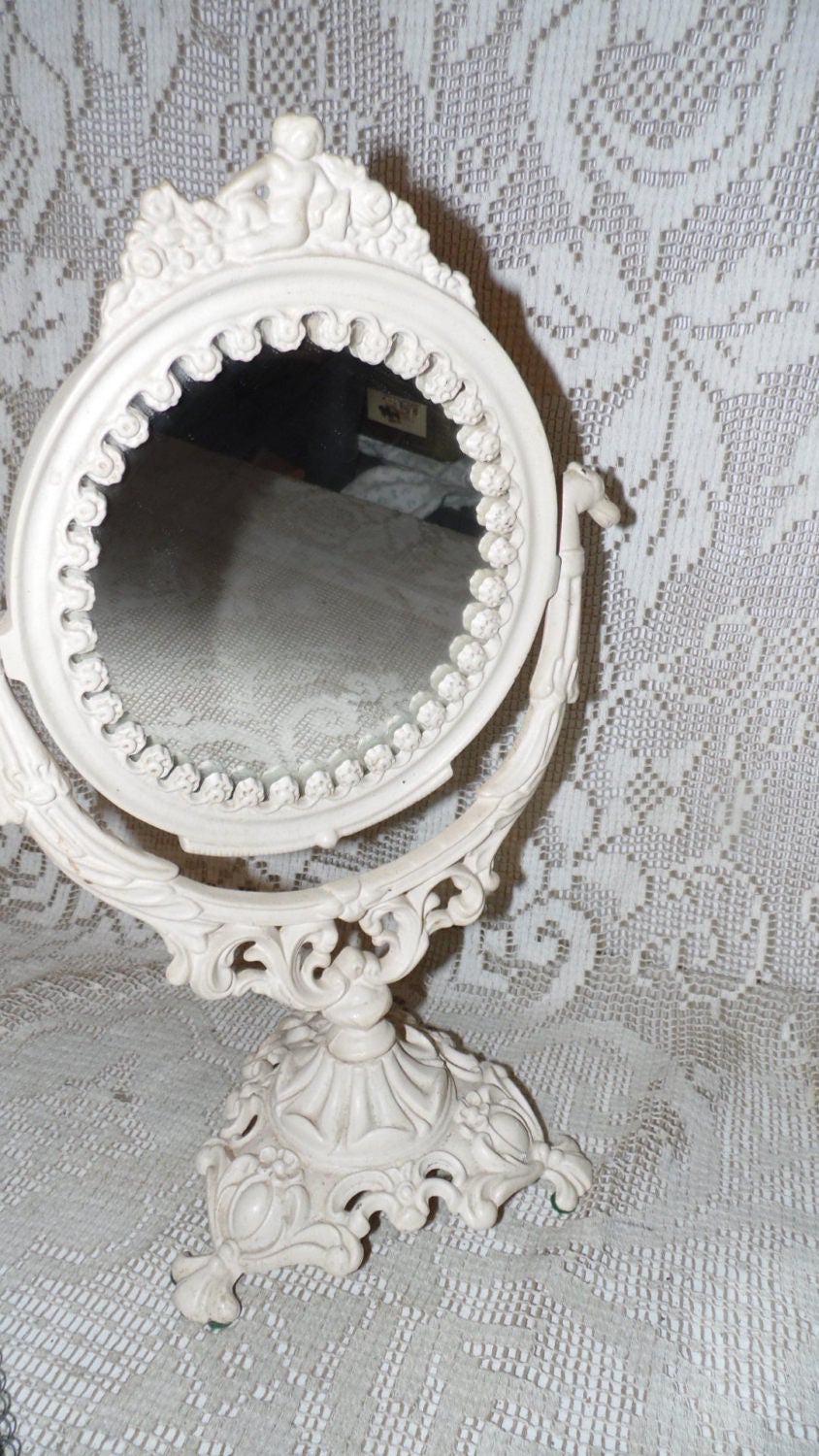 Antique Vanity Table Mirror Victorian Cream Color Cherubs