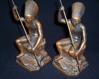 Rare Jennings Brothers Antique " Indian Spear Fishing " JB 2245 Native American Bookends Circa 1925 Bronze Finish