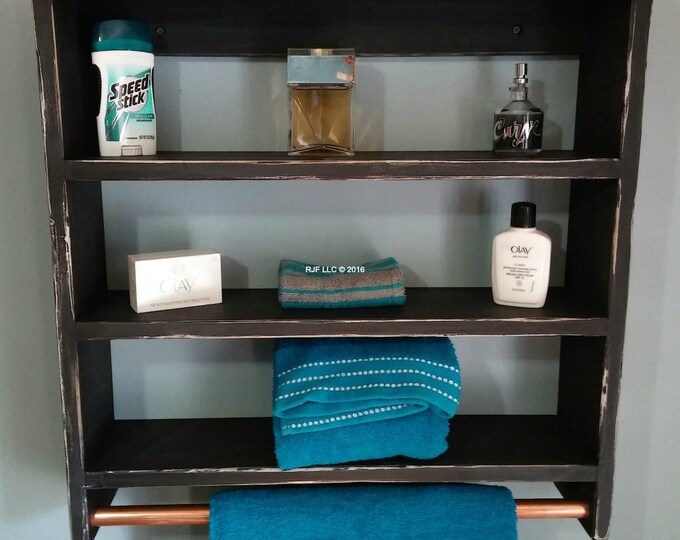 Distressed Ebony Shelf with Towel Rack