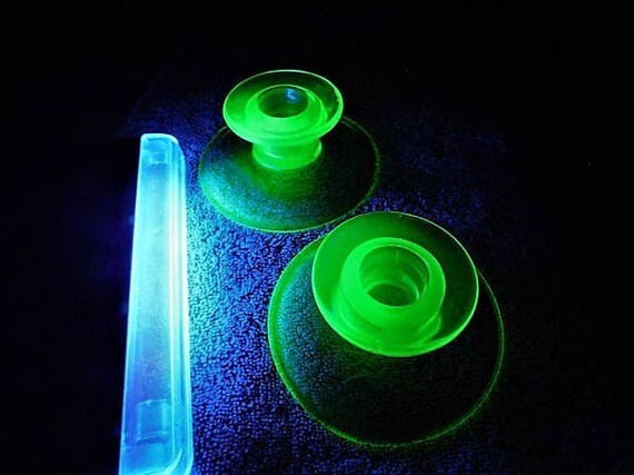 1930s Green Vaseline Uranium Depression Glass Candlesticks Candle Holders Pair Art Deco Vintage Country Cottage Farmhouse Home Decor Wedding