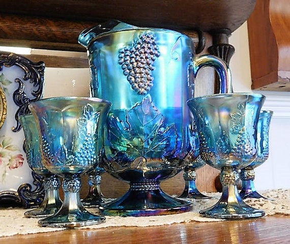 Indiana Harvest Blue Iridescent Carnival Glass Grape and Leaf Pitcher Set Goblets 1960s 60s Mid Century Vintage Country Cottage Home Decor