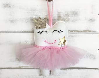 NEW! Personalized Tutu Tooth Fairy Pillow with Glitter Crown or Bow, and new addition Magic Wand. Choose your colour tutu.