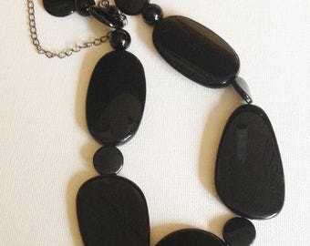 Necklace - funky large black flatish plastic beads necklace great chunky costume jewellery
