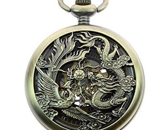 Phoenix and Dragon Roman Number Dial Mechanical Pocket Watch