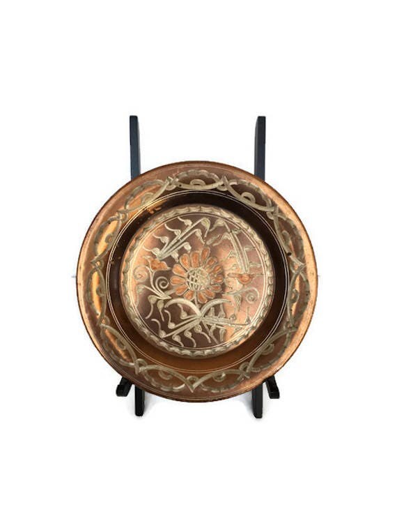 Vintage copper plate small etched flower dish textured mixed metal decor