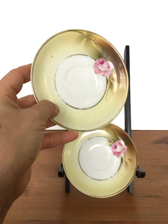 Bavarian china plates antique hand painted rose PSAG porcelain saucers