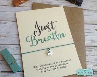 JUST BREATHE Yoga, Lotus Yoga Bracelet, Friendship Bracelet, Yoga Gift, Yogi Gift, Mindfulness Bracelet, Zen Jewelry, Zen Card