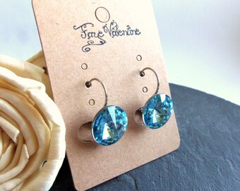 Large blue crystal drop earrings, Swarovski Elements single crystal earrings, surgical steel earrings, 14mm rivoli, aquamarine leverback