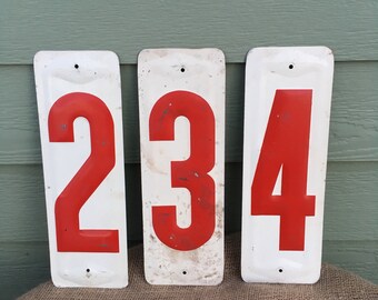 Metal number signs gas station white red set two three four embossed vintage retro price 2 3 4 lot signs man cave salvage service industrial