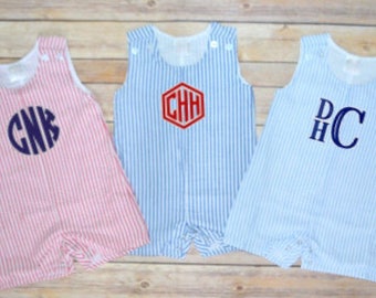 Boy summer outfit, baby boy jon jon, seersucker shortall, boy beach outfit, boy baby gift, toddler outfit, toddler romper, seersucker romper
