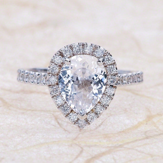 Pear Shape White Sapphire Diamond Halo Engagement Ring 14kt